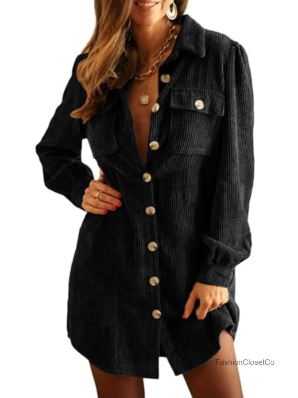 Women's Corduroy Long Sleeve Button Down Tunic Mini Dress